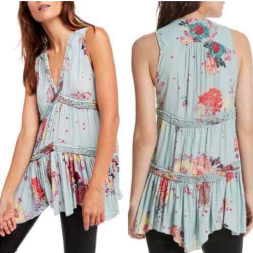 Free People Purple Haze Light Blue Floral Printed Sleeveless Tunic S - Picture 3 of 10